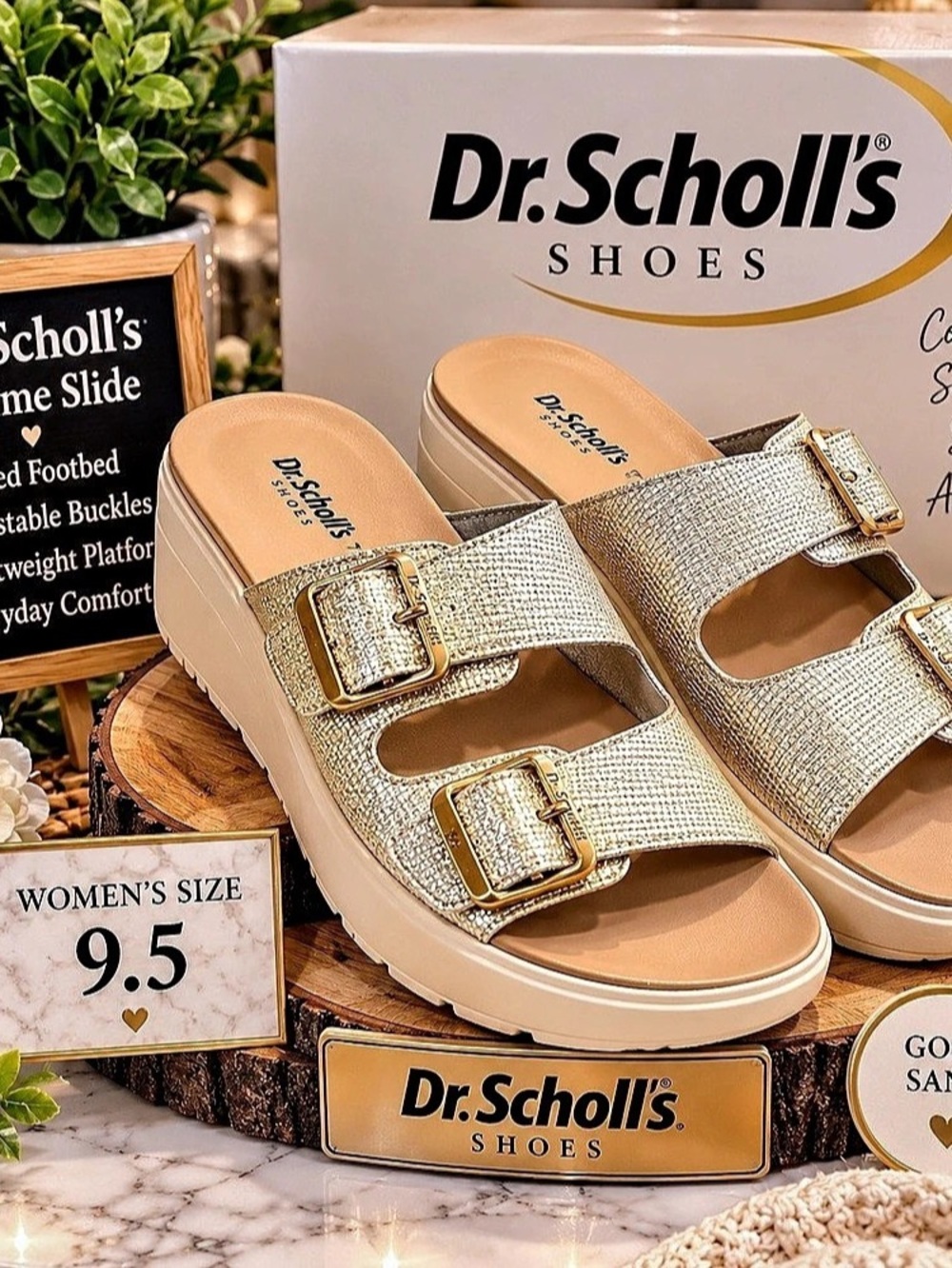 Dr. Scholl’s Women’s Gold Sand Metallic Double Buckle Platform Slides Size 9.5